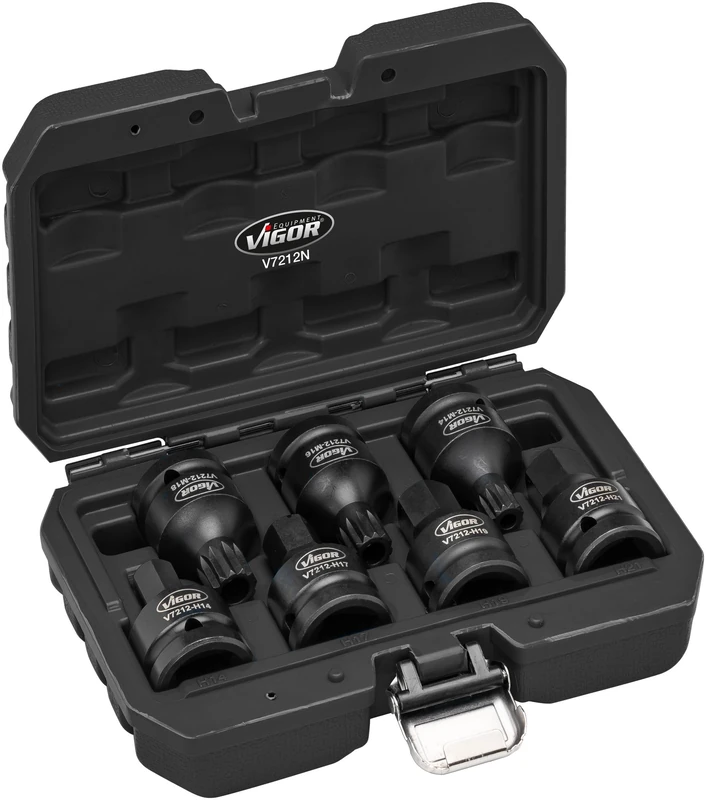 Vigor Impact Socket Set V7212N, 7 Pieces, 3/4 Inch Square, Outer Hexagon, Double Hexagon, for VAG Vehicles, Brake Carrier, Drive Shafts, Wheel Bearings - Image 1