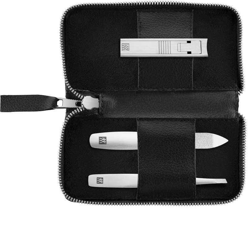 ZWILLING Manicure Pedicure Set 3pcs, Compact Nail Clipper, Vegan Apple Leather Case, Black