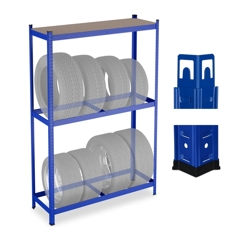 Relaxdays 8 Tyres, HxWxD: 180 x 120 x 40 cm, 795 kg, Steel, Easy Assembly, Wheel Rack with Shelf, Blue, Fibreboard, Plastic