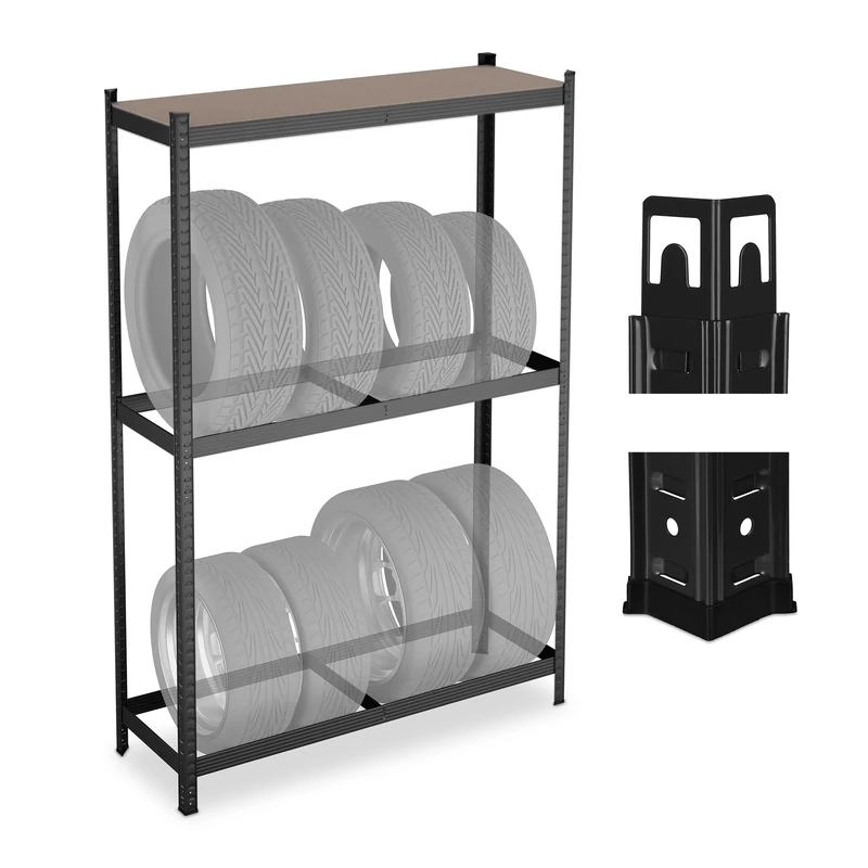 Relaxdays 8 Tyres, HxWxD: 180 x 120 x 40 cm, 795 kg, Steel, Easy Assembly, Wheel Rack with Shelf, Black, Plastic, Fibreboard