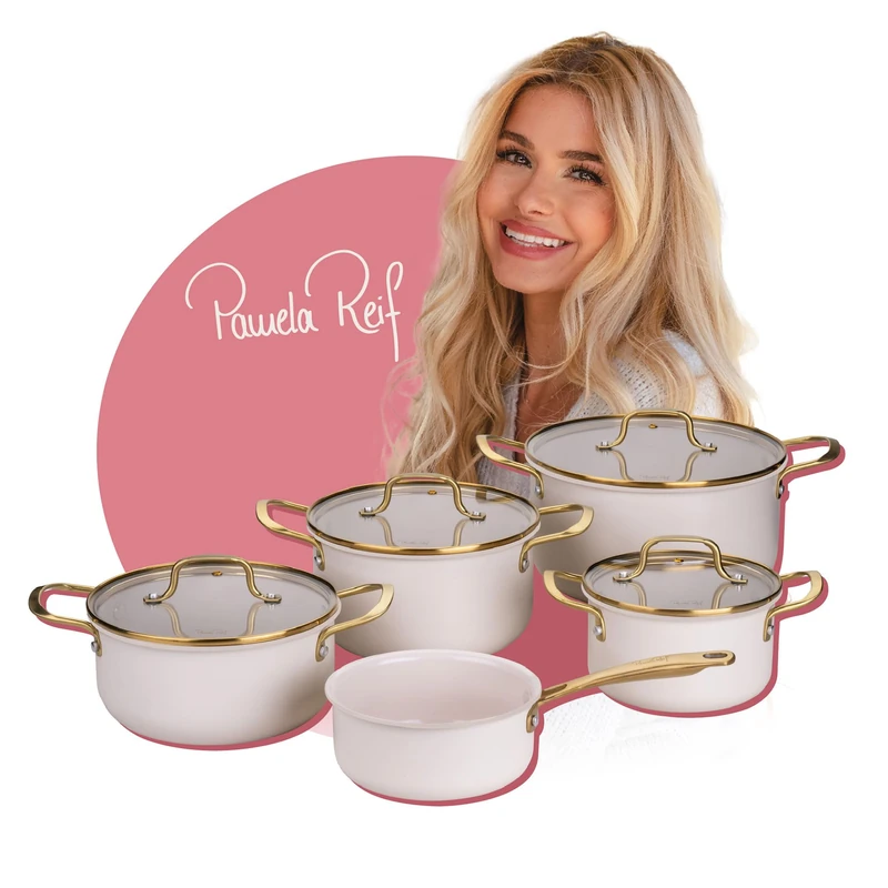 Fackelmann x Pamela Reif 9-Piece Saucepan Set - Recycled Aluminium, Pastel Beige, with Glass Lid, PFAS Free Ceramic Coating, Suitable for Induction Cookers - Image 1