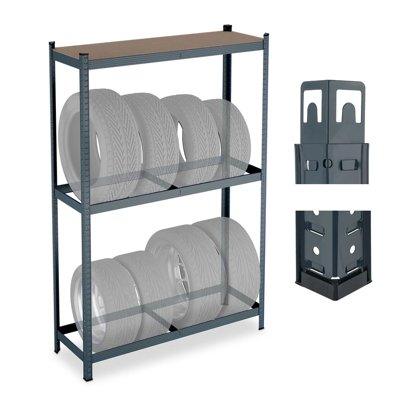 Relaxdays tyre storage rack for 8 tyres, HxWxD: 180 x 120 x 40 cm, 795 kg, steel, easy assembly, grey