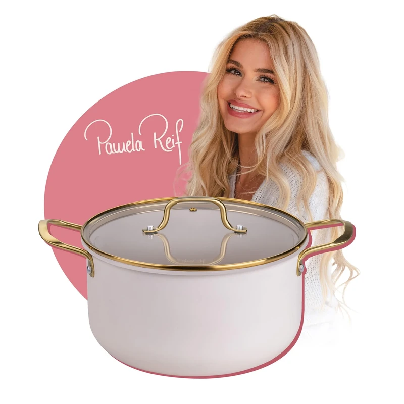 FACKELMANN x Pamela Reif Cooking Pot with Lid Diameter 24 cm - Made of Recycled Aluminium, Pastel Beige, PFAS-Free Ceramic Coating, Suitable for All Hob Types