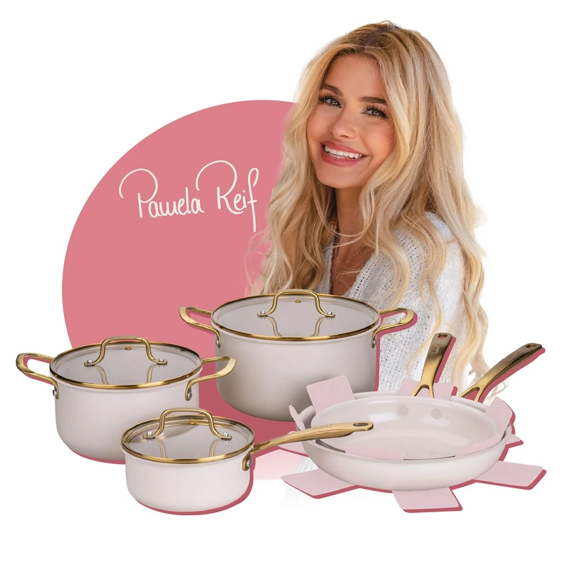 FACKELMANN x Pamela Reif 10 Piece Saucepan and Pan Set - Pressed Aluminium, Pastel Beige, Includes Pan Protector, Suitable for All Hob Types