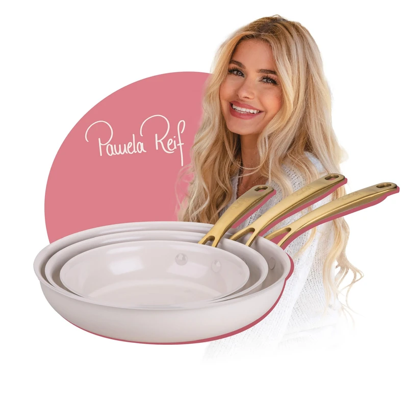 FACKELMANN x Pamela Reif Frying Pan Set 3-Piece Diameter 20-24-28 cm - Made of Recycled Aluminium, Pastel Beige, PFAS-Free Ceramic Coating, Heat Resistant up to 160 °C, for All Hob Types