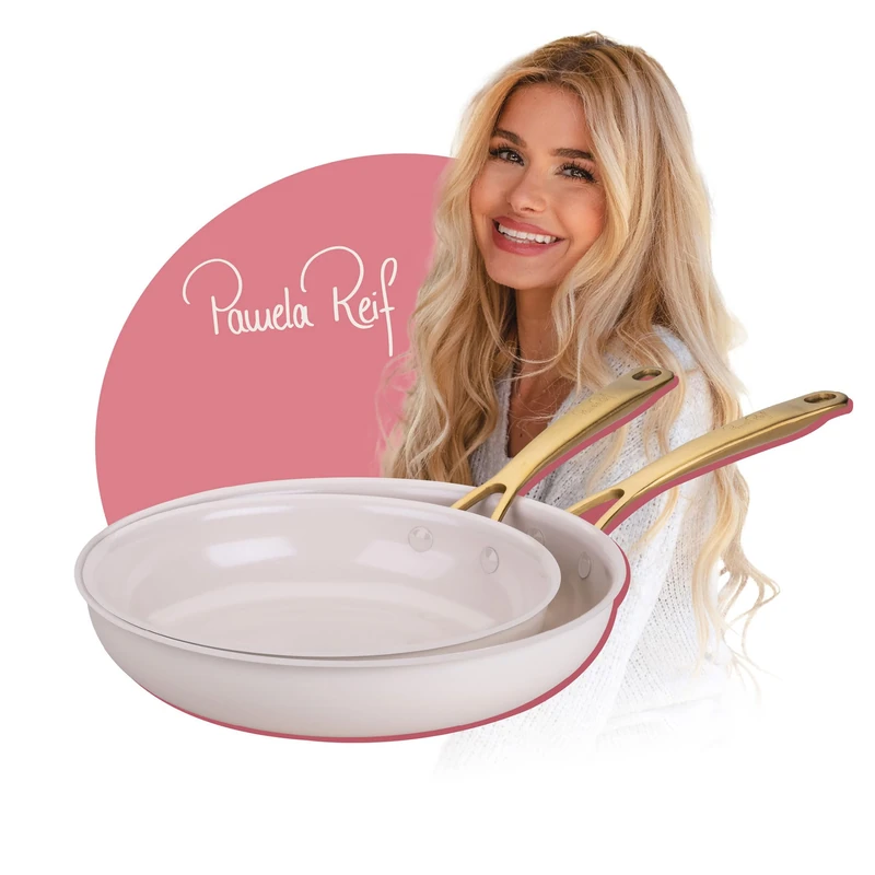 FACKELMANN x Pamela Reif Frying Pan Set 2-Piece Diameter 24-28 cm - Stylish Pans Made of Recycled Aluminium, Pastel Beige with Elegant Gold PVD Treatment, Suitable for All Hobs