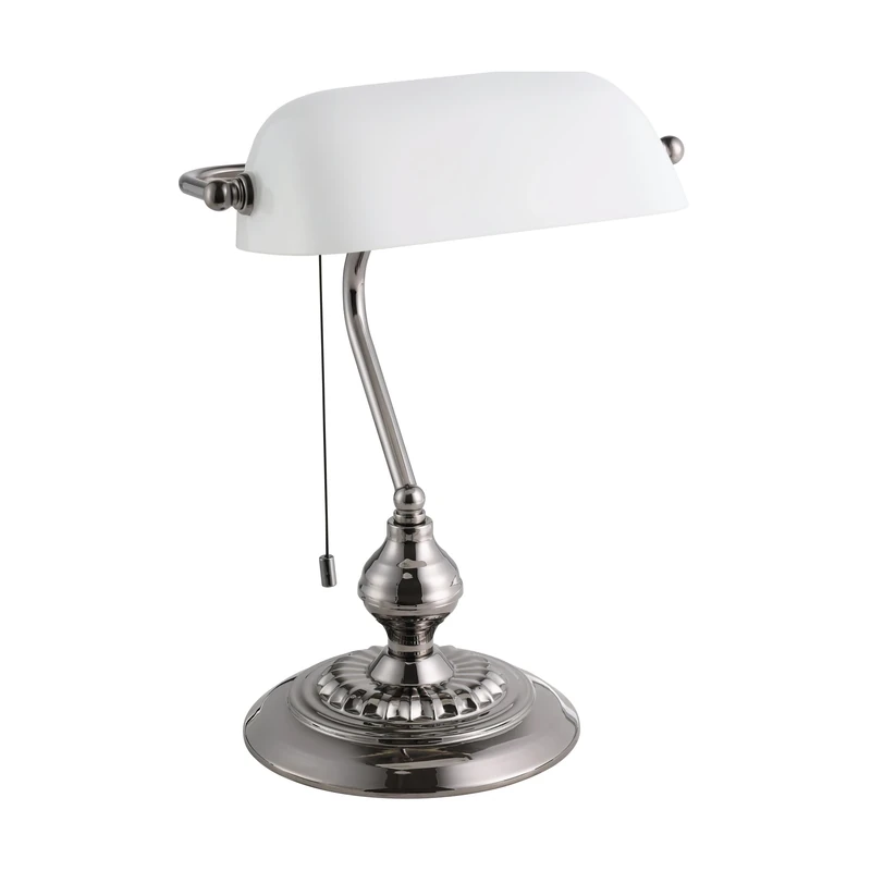 Eglo Banker Table Lamp, Vintage Desk Light, Retro Office Lamp in Nickel-Black Metal with Frosted White Glass, Bedside Light Pull Chain, E27 Socket