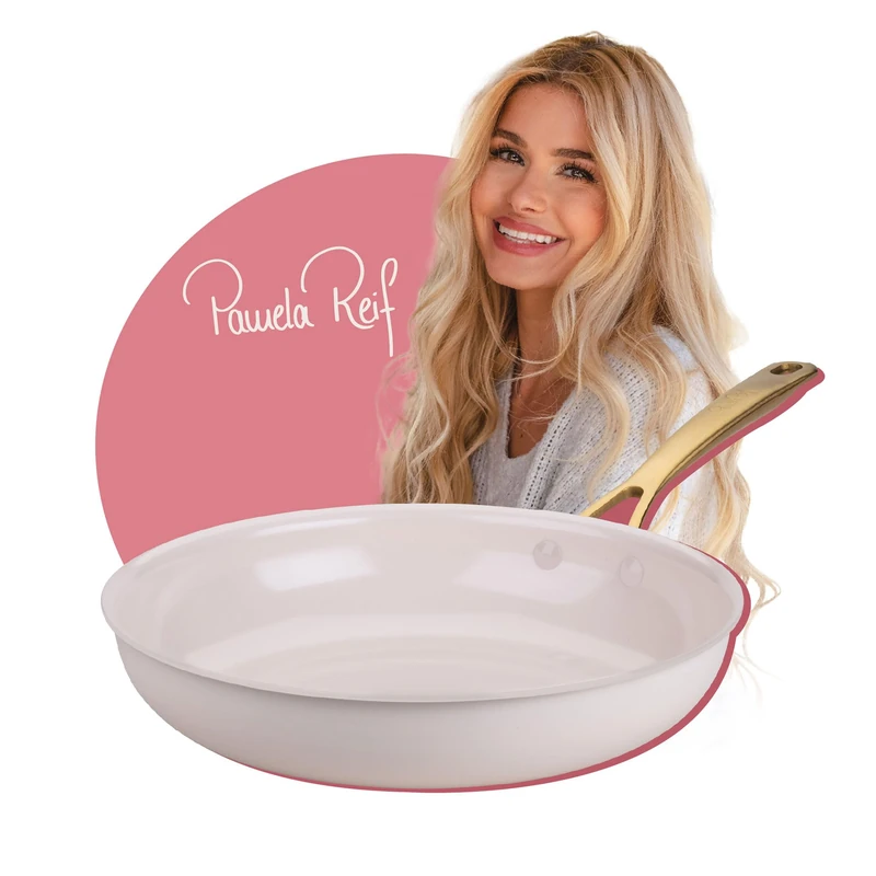 FACKELMANN x Pamela Reif Frying Pan Diameter 28 cm - Made from Recycled Aluminium with PFAS-Free Ceramic Coating, Pastel Beige, Suitable for All Hob Types