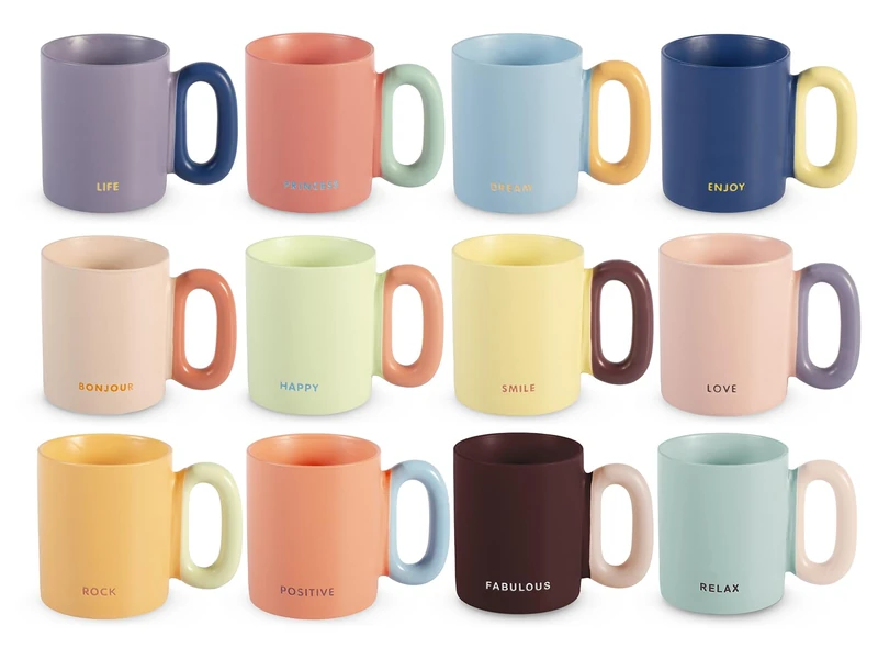 H&H Set of 12 Pastel Glow Mugs - New Bone China Mugs 360ml - 12 Pastel Colours with Motivational Words - Dishwasher and Microwave Safe - Matte Colours