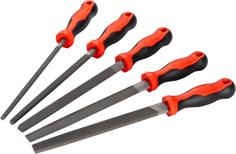 Vigor Workshop File Set V1786/5, 5 Pieces, Flat, Half Round, Round, Triangular, Square, Cut 2, Ergonomic Handle, for Workshop, Industry, Crafts