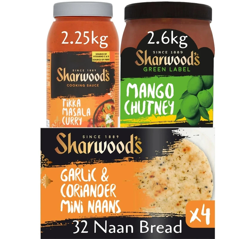 Sharwood's Curry Night Bundle: 2.25 kg Tikka Masala Curry Sauce, 2.6 kg Green Label Mango Chutney & 32 Garlic & Coriander Mini Naan Breads