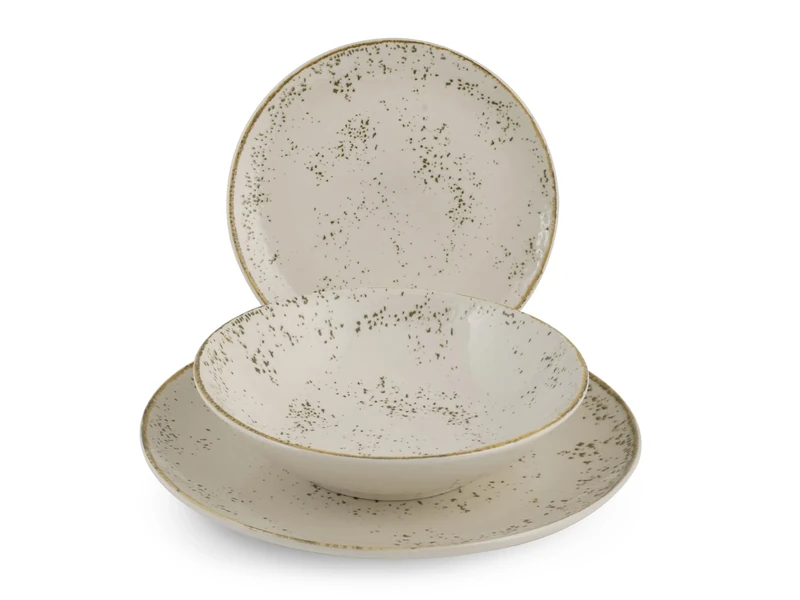 H&H, 18-Piece Stoneware Dinner Set, Planet Beige Dotted, Dinner Plates, Soup and Fruit, Dishwasher Safe