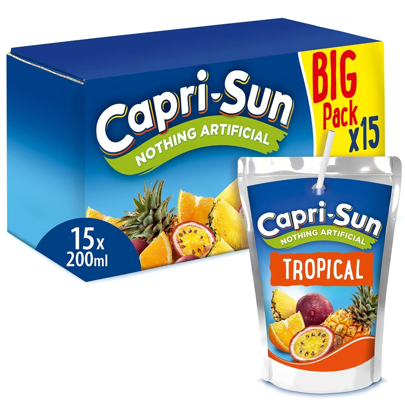 Capri-Sun Tropical Kids' Juice Drink (15 x 200ml) Made with Real Fruit Juice - No Artificial Ingredients - Vegan, Gluten Free