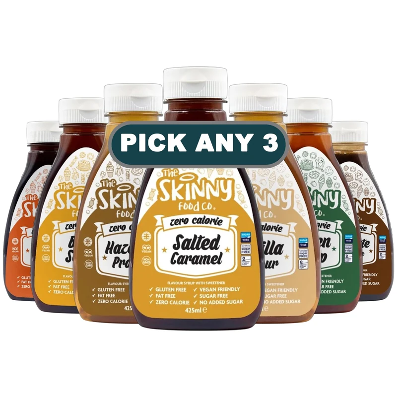 Skinny Food Co Zero Calorie Syrup 425ml | Pick Any 3 Flavours | Sugar Free, Fat Free, Vegan & Gluten Free | Ideal for Pancakes, Desserts, Porridge, Yoghurt & Shakes | 3 Pack