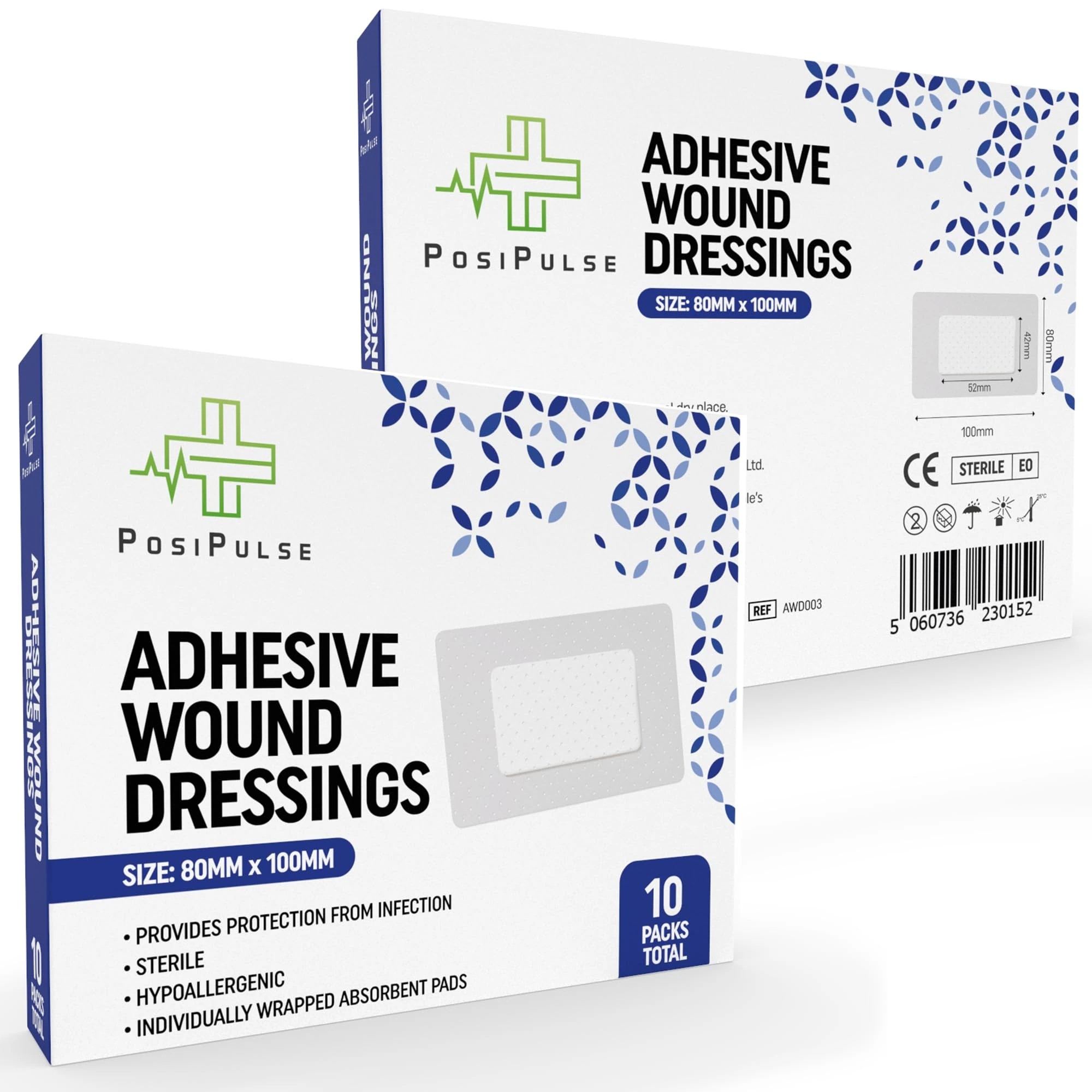 Posi Pulse 80mm x 100mm Adhesive Wound Dressings - 10 Packs for Protection from Infection, Sterile Individually Wrapped, Hypoallergenic, Breathable, Absorbent for Cuts, Grazes, Ulcers, Sores