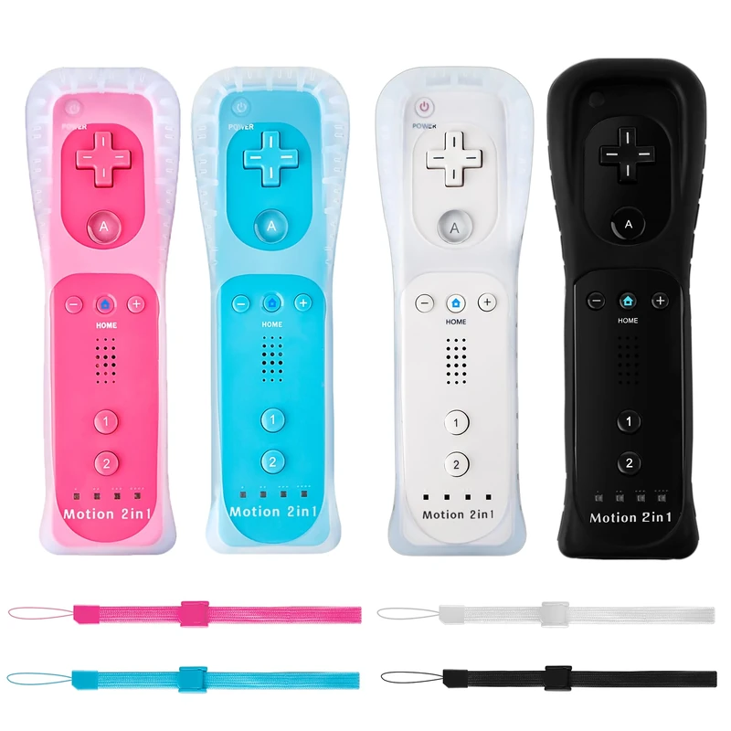 DTianSir 4Pack Motion Plus Wii Remote Controllers with Silicone Case & Wrist Strap,Wii Remote Controllers with Built in Motion Plus Compatible for Wii U Consoles (Black+White+Blue+Pink)