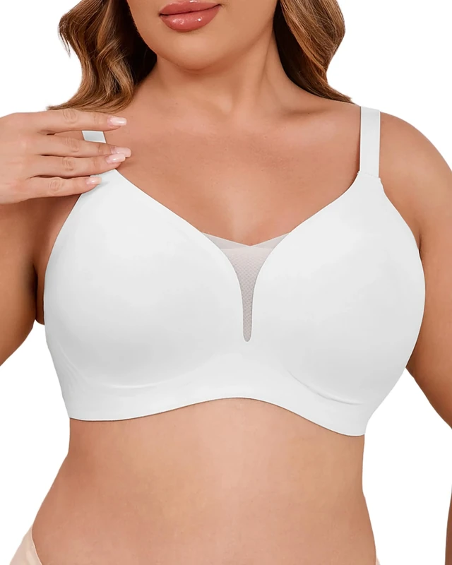 Curlady Bras for Women No Underwire Deep V Wireless Bra Push Up Seamless Supportive Mesh Crossover Bras Full Coverage Bralettes Everyday Bra White