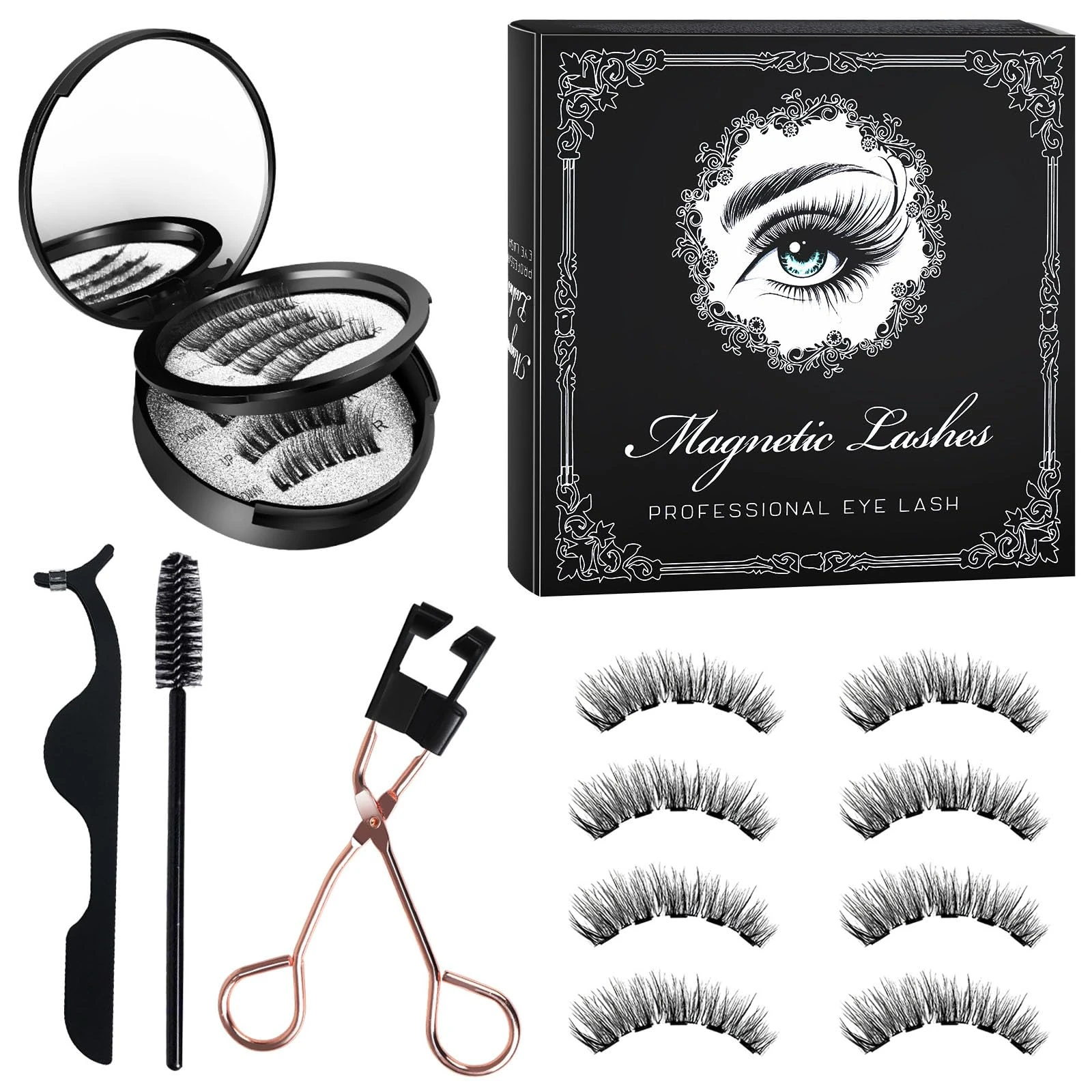 Magnetic Eyelashes with Applicator Magnetic Lashes Kit magnetic Reusable No-Glue False Lashes with Applicator 4Pairs Magic Eyelashes with Lash Applicator, Tweezer & Spoolie Brush.
