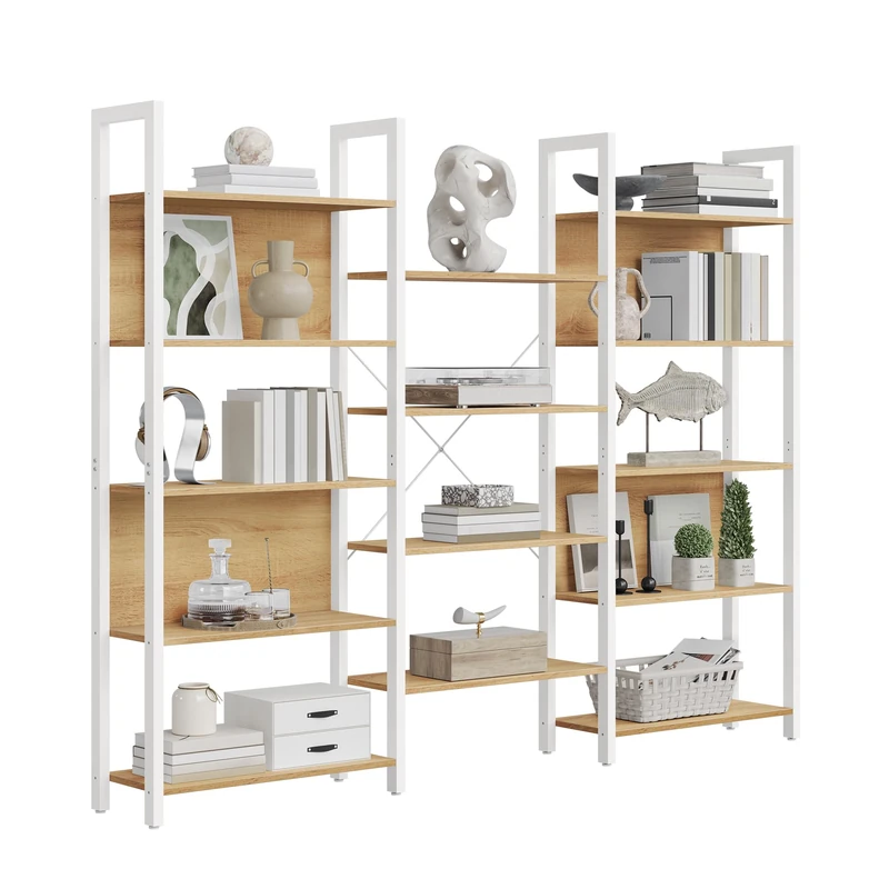 VASAGLE Bookcase, Bookshelf with 14 Shelves, Metal Frame, Shelf Unit for Living Room, Home Office, Industrial Style, 24 x 158 x 166 cm, Golden Oak and Matte White LLS107YA01