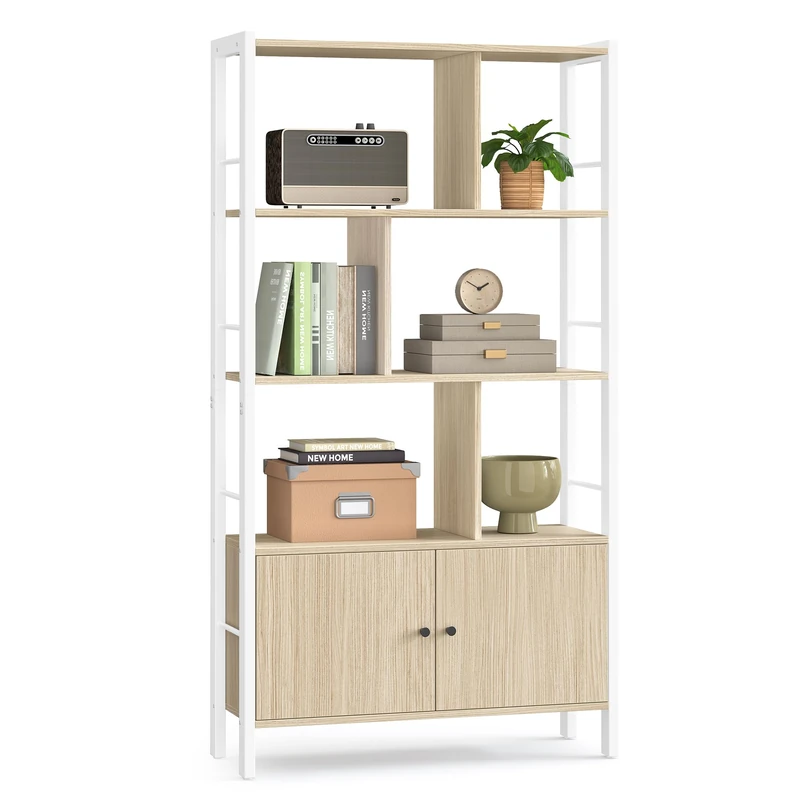 VASAGLE Bookshelf, Storage Shelf, Large Bookcase with Doors, 4 Shelves, Stable Steel Structure, Modern Style, for Living Room, Office, Natural Beige and Cloud White LBC022LL01