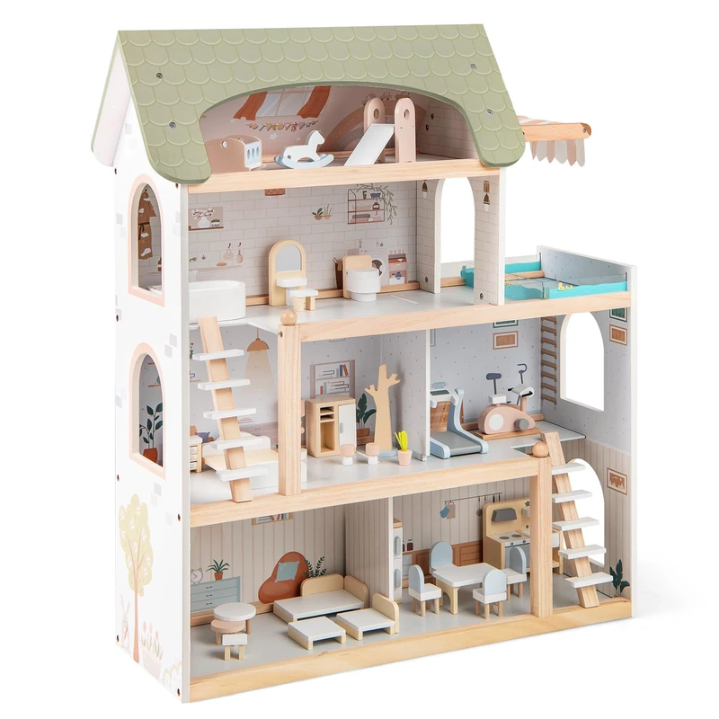 GYMAX Kids Dollhouse, 3-Storey Wooden Dolls House with Simulated Rooms and Accessories, Large Doll House for 3 Years Old+(Light Green,33Pcs:63x25x78cm))