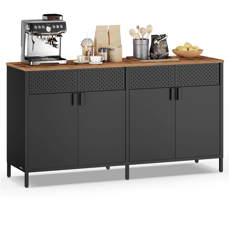 SONGMICS Storage Cabinet, Metal Cabinet with 4 Doors, 40 x 141 x 76 cm, Magnetic Closure, Adjustable Shelves, Steel Frame, Rustic Brown and Ink Black LSC205BD01