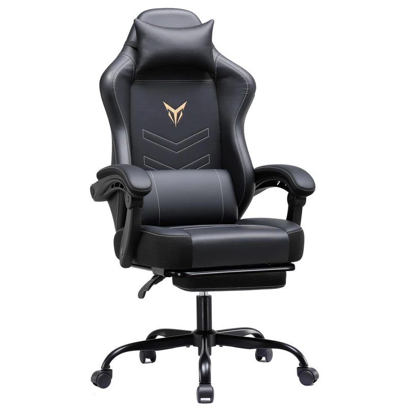 GTPLAYER Gaming Chair Ergonomic Gaming Chair with Footrest, Height Adjustable Office Chair with Head Cushion Lumbar Swivel Chair PU Leather Black