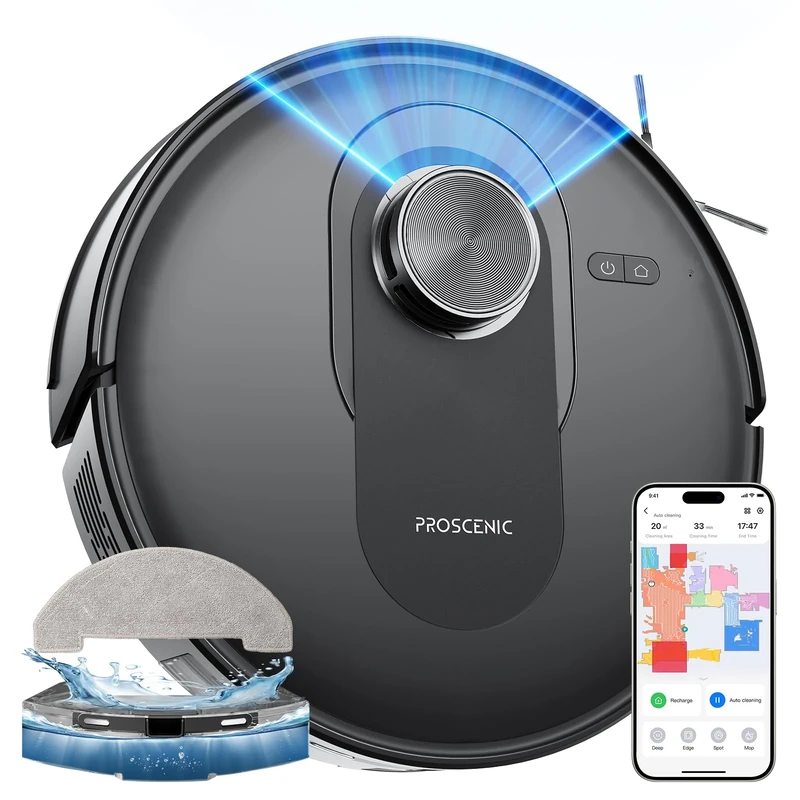 Proscenic Q8 Robot Vacuum Cleaner with Mop, 8000Pa 200Mins Robotic Vacuum with Lidar Navigation, 5 Real-Time Mapping, WiFi/Alexa/APP Remote Control Robot Hoover for Floor Carpet Pet Hair