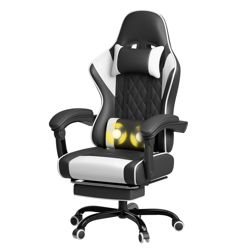 JUMMICO Gaming Chair, Desk Chair with Massage Function, Office Chair Ergonomic with Footrest, 150 kg, White