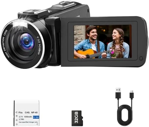 Camcorder Video Camera 1080P for YouTube Cam Corder 48MP 18X Digital Zoom Video Recorder with 3.0" 270° Rotation Screen Battery 32GB SD Card for Vlogging Travel