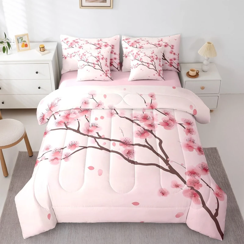 Erosebridal Cherry Blossoms Full Size Comforter Set, Girl Pink Floral 7-Piece Bed in A Bag, Japanese Spring Sheets and Pillowcases, Pale Pink Petal Branch Bedding Set Room Decor