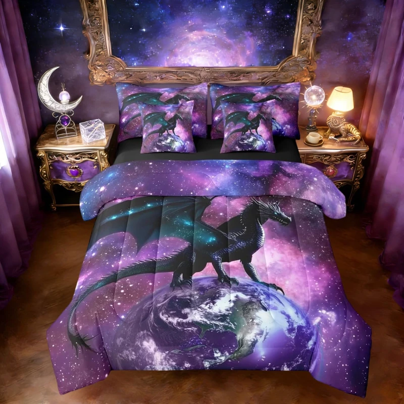 Erosebridal Dragon Comforter Set Purple Nebula Bed in A Bag Twin Size 7 Pieces Mysterious Outer Space Bed Set Room Decor Safari Wildlife Animals Bedding with Sheets