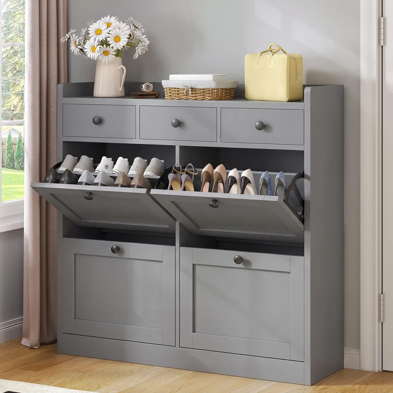 YITAHOME Shoe Storage Cabinet with 4 Flip Drawers, Shoe Cabinet with 3 Fabric Drawer and Adjustable Shelf, for 24 Pairs of Shoes for Hallways and Living Room, Grey, 100 cm x 99.5 cm x 25 cm
