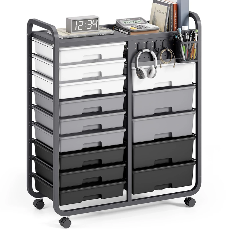 Rolling Storage Cart with 14 Drawers, Storage Organizer Cart with Tabletop and Pegboard,Utility Cart for Living Room, Classroom, Bedroom,Bathroom,Dorm,Office