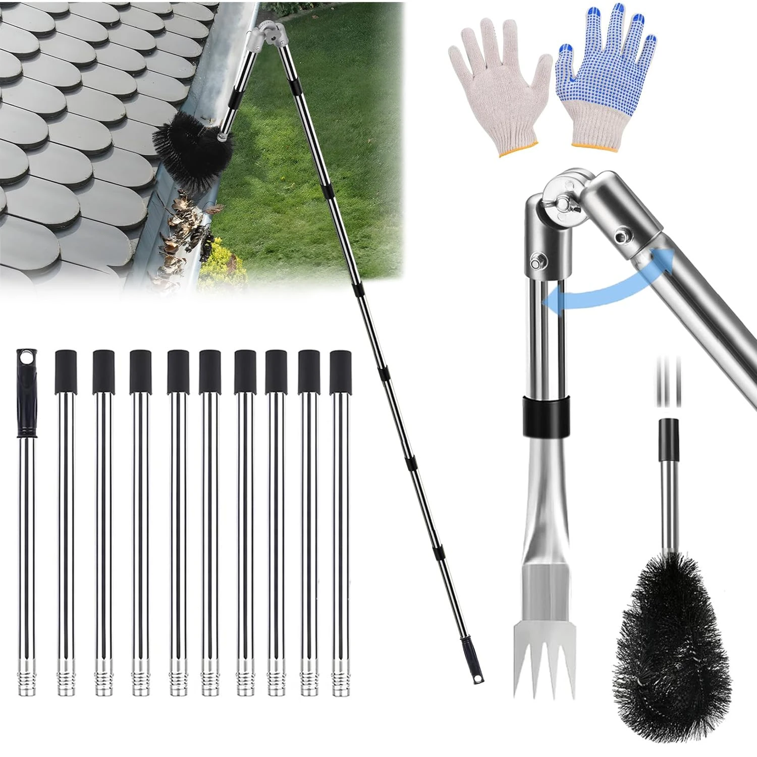 Gutter Cleaner 4M Extend Telescopic Roof Gutter Cleaning Extension Tools Kit with Adjustable Angle Pole Gutter Brush, Gutter Scoop for Removes Leaf Debris, Ditch, Gardens 12Pcs