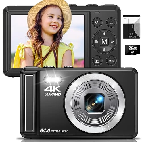 4K Digital Camera, 2.8 Inch 64MP UHD Compact Camera with 32GB Card, 1200mAh Battery, 16X Digital Zoom Mini Autofocus Vlogging Camera for Kids, Beginners, Teenagers