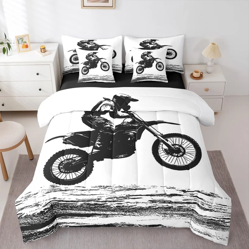 Erosebridal Dirt Bike Twin Comforter Set Motocross Rider 7 Pieces Bedding Racer Extreme Sports Game Bed Set with Sheets Racing Motorcycle Bed in A Bag Bedroom Decor