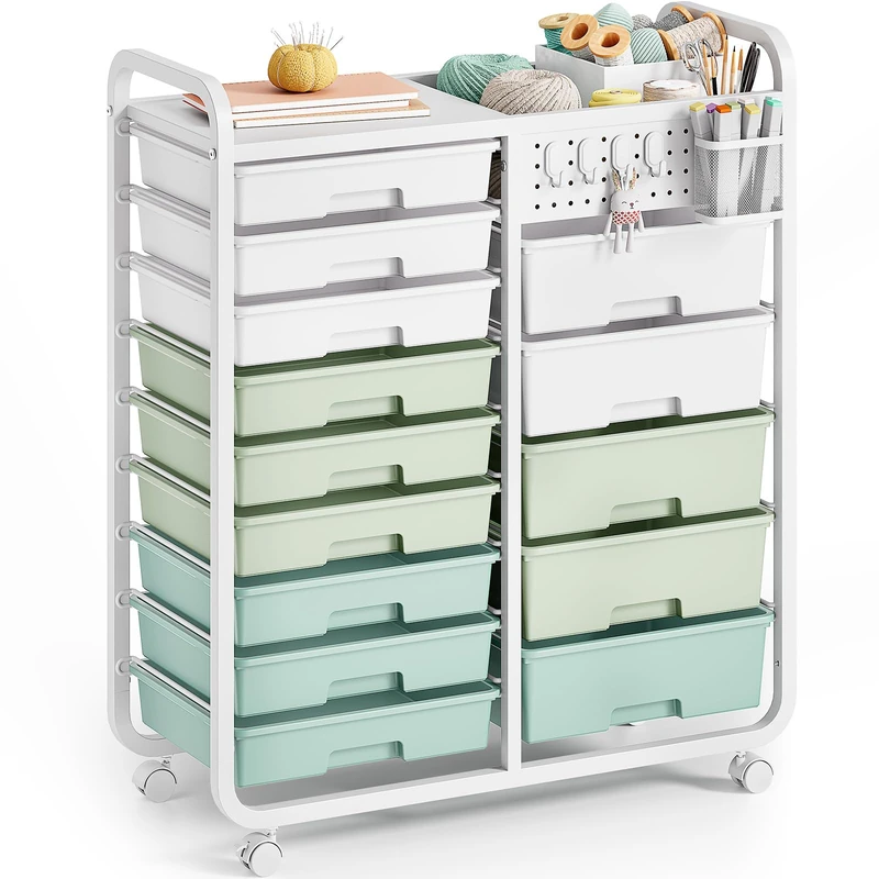 Rolling Storage Cart with 14 Drawers, Storage Organizer Cart with Tabletop and Pegboard,Utility Cart for Living Room, Classroom, Bedroom,Bathroom,Dorm,Office (Green)