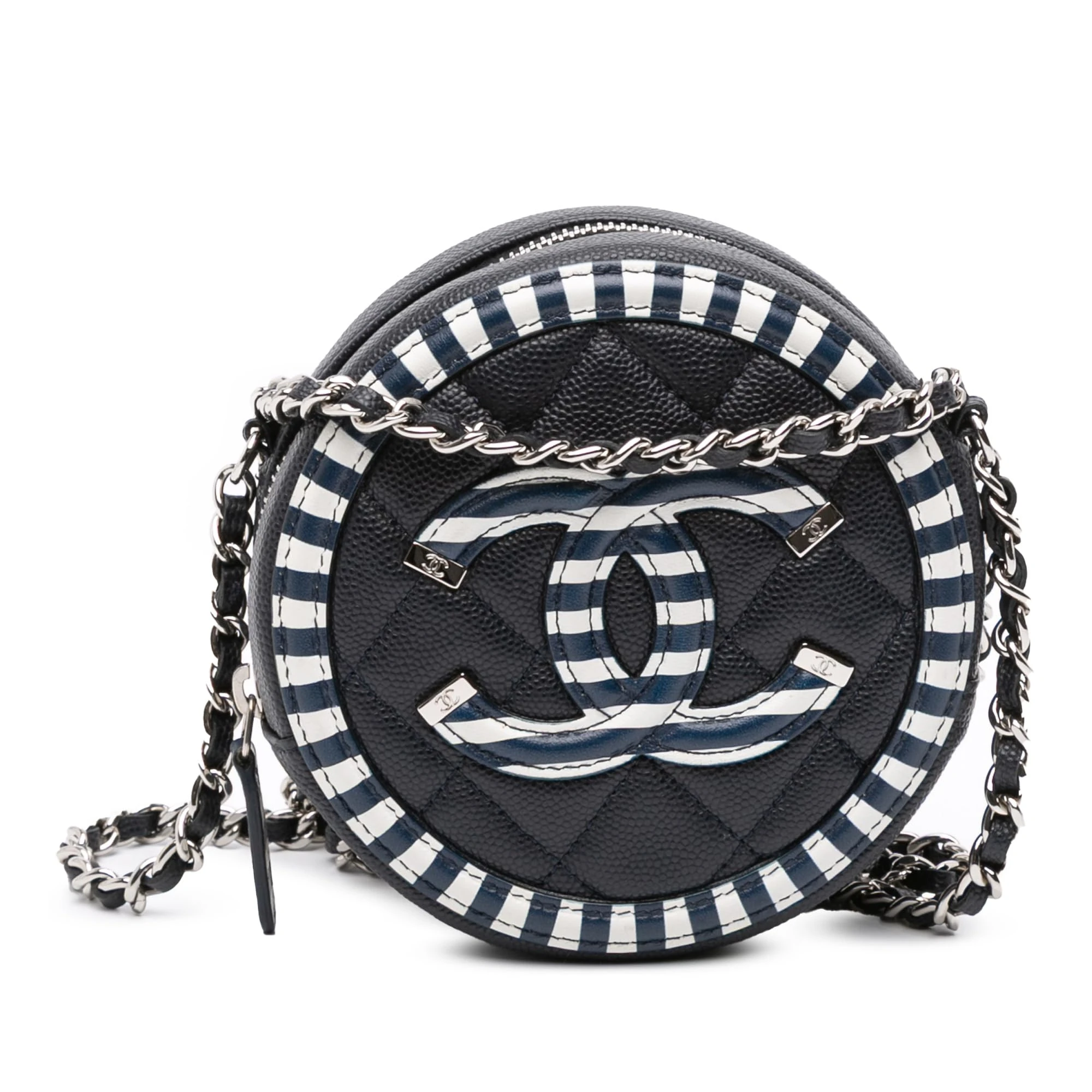 Chanel Pre-Loved Caviar Striped CC Filigree Round Crossbody