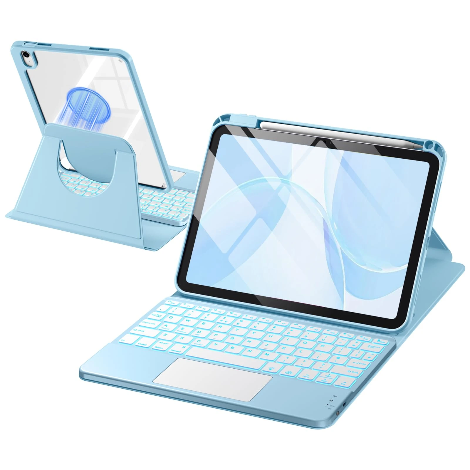 drivego 360 Rotating Keyboard Case for iPad A16 11th 10th Generation with 7 Color Backlit Trackpad, Magnetic Detachable Cover Wireless Keyboard for iPad 11th 2025 10th 2022 (11/10.9 inch), LightBlue