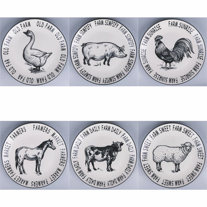 Set of 6 Dinner Plates Diameter 27 cm Porcelain Farm