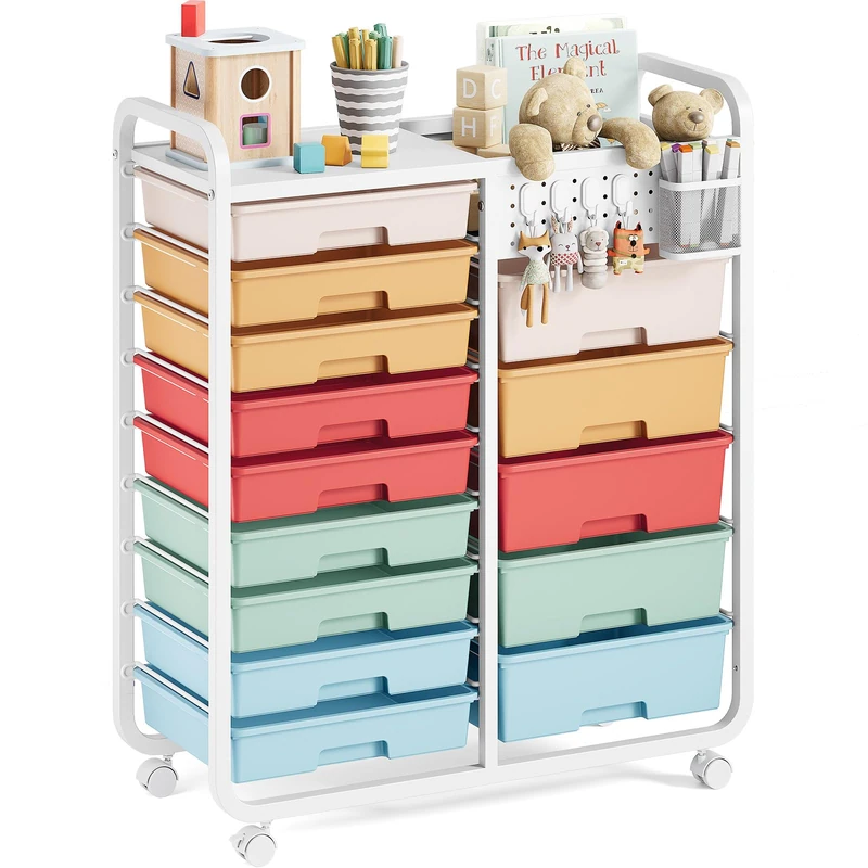 Rolling Storage Cart with 14 Drawers, Storage Organizer Cart with Tabletop and Pegboard,Utility Cart for Living Room, Classroom, Bedroom,Bathroom,Dorm,Office (Rainbow)