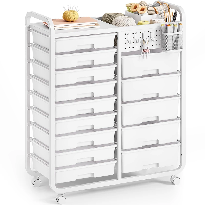 Rolling Storage Cart with 14 Drawers, Storage Organizer Cart with Tabletop and Pegboard,Utility Cart for Living Room, Classroom, Bedroom,Bathroom,Dorm,Office (White)