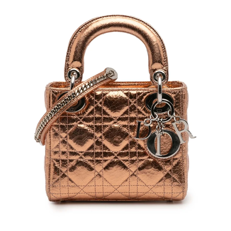 Dior Pre-Loved Mini Metallic Crinkled Calfskin Cannage Lady Handbag