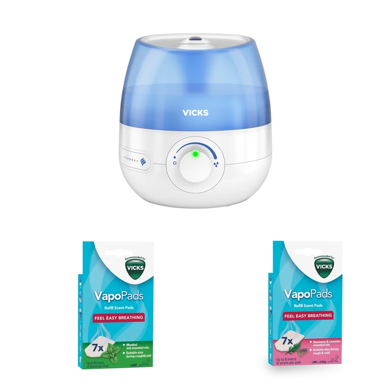 Bundle of Vicks Mini Cool Mist ultrasonic humidifier - VUL525 + VapoPads Rosemary & Lavender VBR7 + Vicks VapoPads Menthol VH7