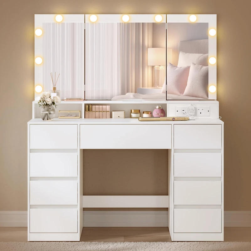 VASAGLE KAILYN Collection - Dressing Table with Tri-Fold Mirror, Vanity Table with 11 Bulbs, Power Outlets, 9 Drawers, 3 Colours, Tool-Free Drawer Slides Assembly, Cloud White RDT146WB02