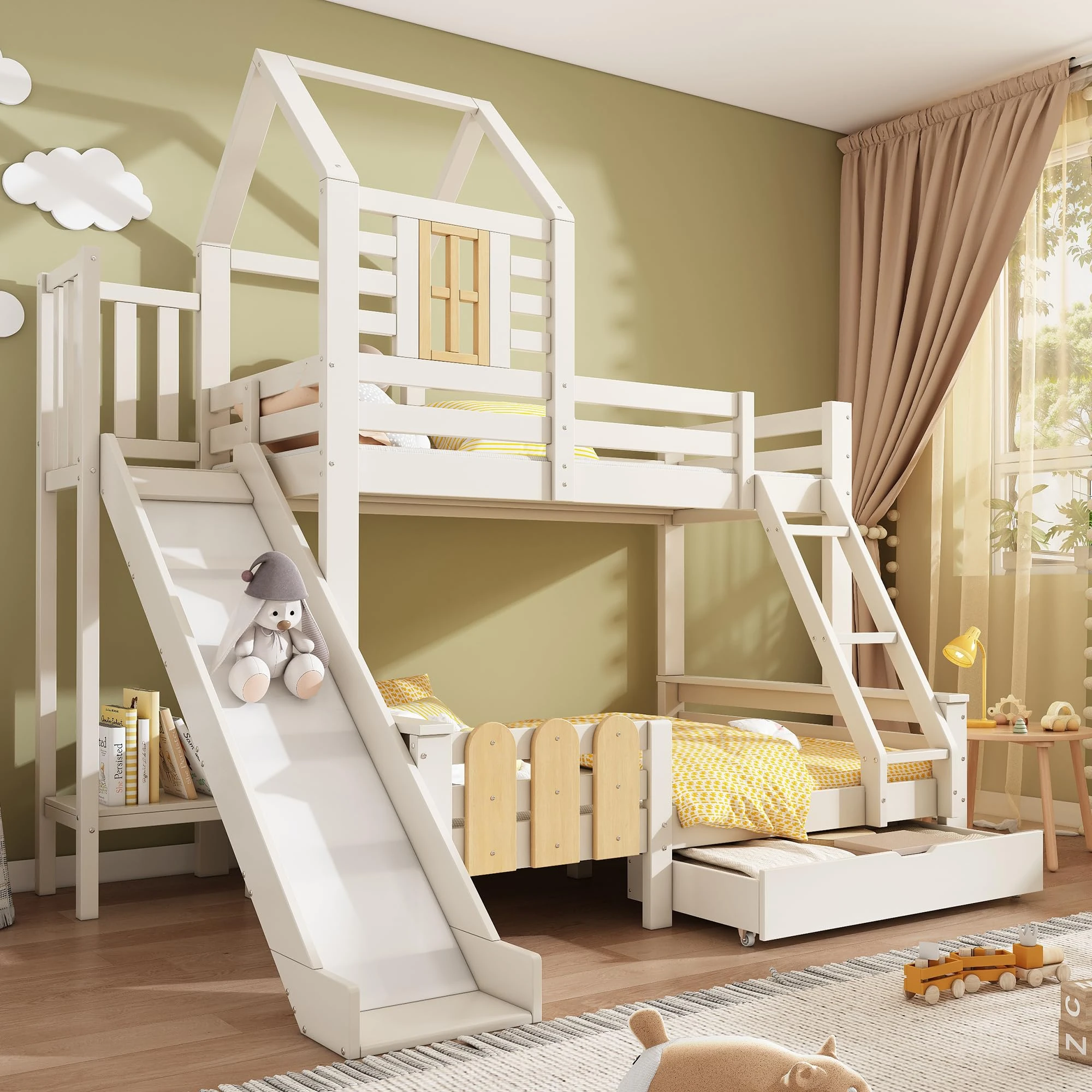 RIAZOS Bunk Bed for Kids, Wooden Cabin Bed with Ladder and Slide, Multi-functional Children's Tree-house Bed, Twin Sleeper (90+135) x 190 cm, Solid Wood, White