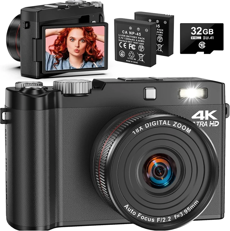 4K Digital Camera for Photography, 64MP Vlogging Camera for YouTube with 2.8" 180° Flip Screen, 18X Zoom UHD Autofocus Video Camara with 32GB SD Card, 2 Batteries