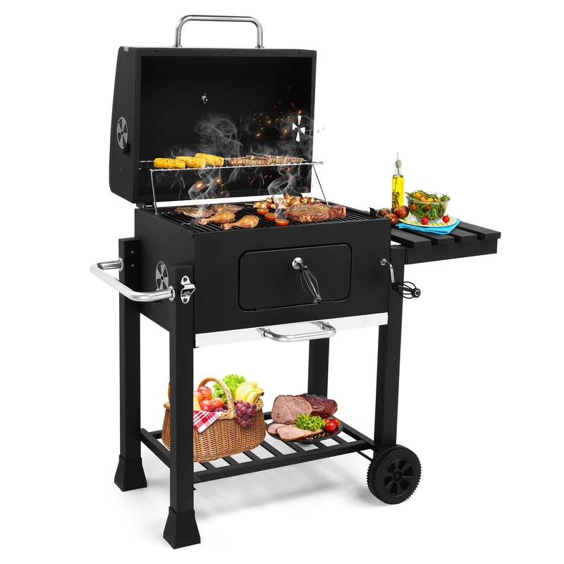 ROVSUN Charcoal Grill with Side Tables, Large Cooking Area, Individual Lifting Charcoal Trays, Pull-Out Ash Tray, BBQ Grill for Outdoor, Picnic, Backyard, Parties