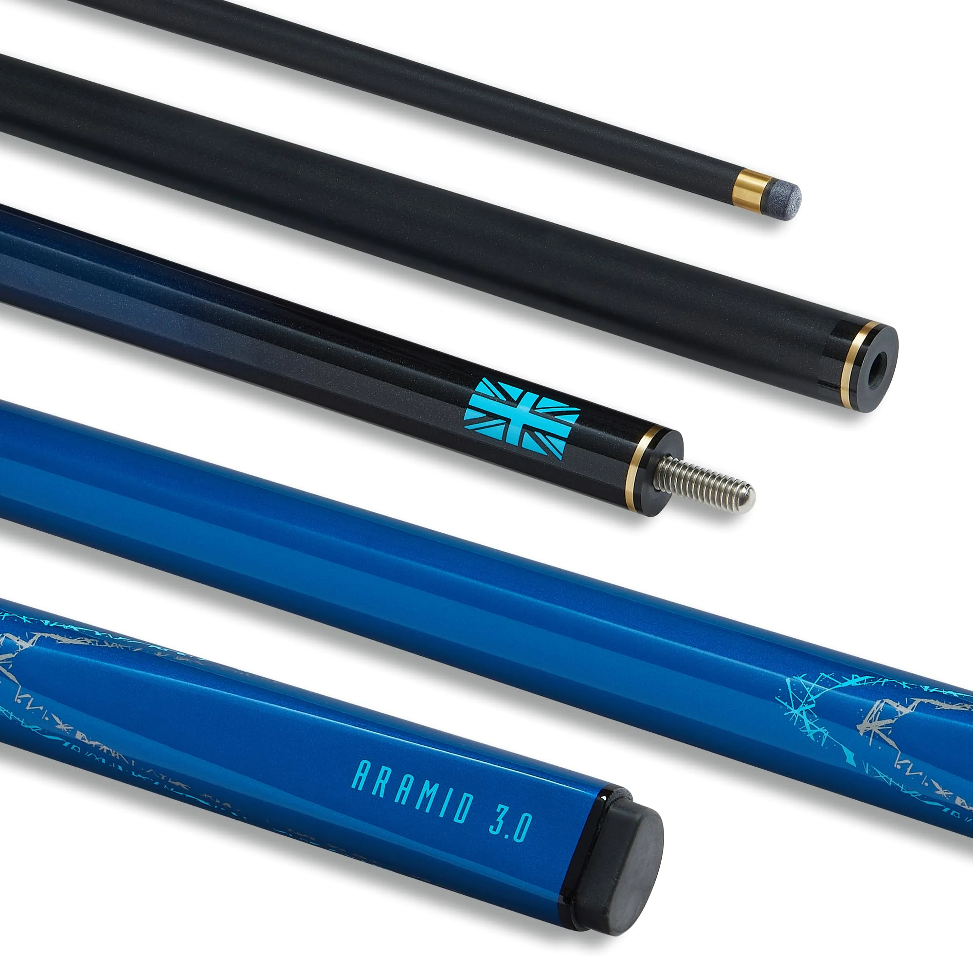 POWERGLIDE Carbon Fibre & Fibreglass 2 Piece 50/50 Joint Snooker Pool or Billiard Cue Stick | Ultra Smooth Metallic Painted High Gloss | 19 oz | Full Size 57" | 10 mm Tip | Blue